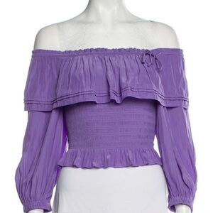 Ramy Brook Frankie Smocked Off-The-Shoulder Puff Half Sleeve Top Purple Sz S NEW